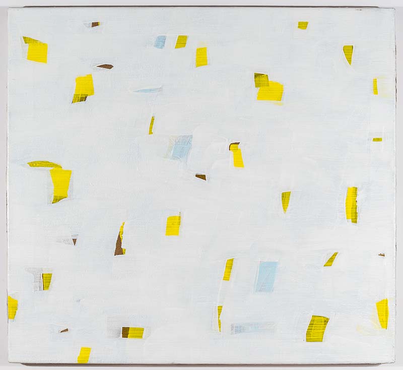 Gelbe und hellblaue kleine Flächen gezeichnet auf Leinwand Kunstwerk von Thomas Kaminsky