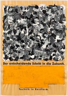 Grauschwarz mellierte Fläche und orangenes Quadrat auf Zeitungspapier Kunstwerk von Volker Hildebrandt